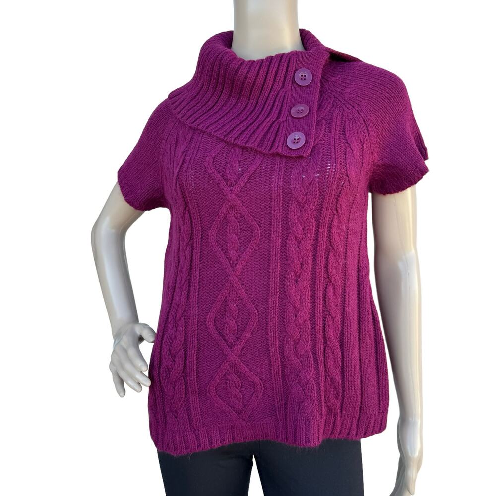 Reference Point Women's Burgundy Cable Knit High Neck Short Sleeve Sweater Top S